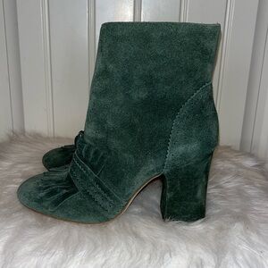 Pine green suede ruffle fringe Marina bootie ankle boot Etienne Aigner 7.5
